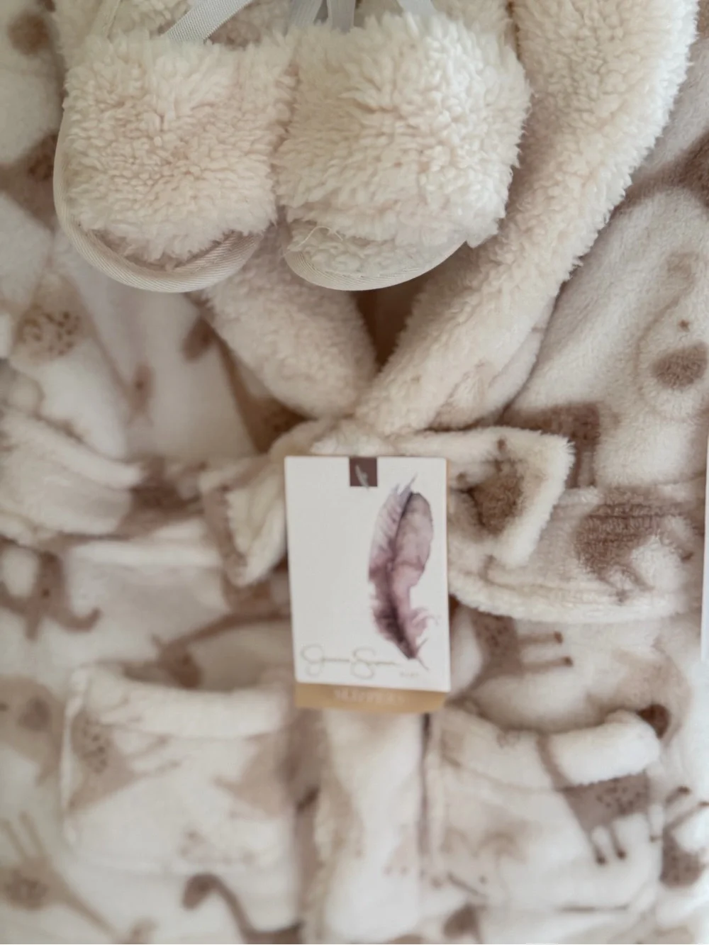 Jessica Simpson Cream Plush Infant Robe & Slippers and Brown Animal Print